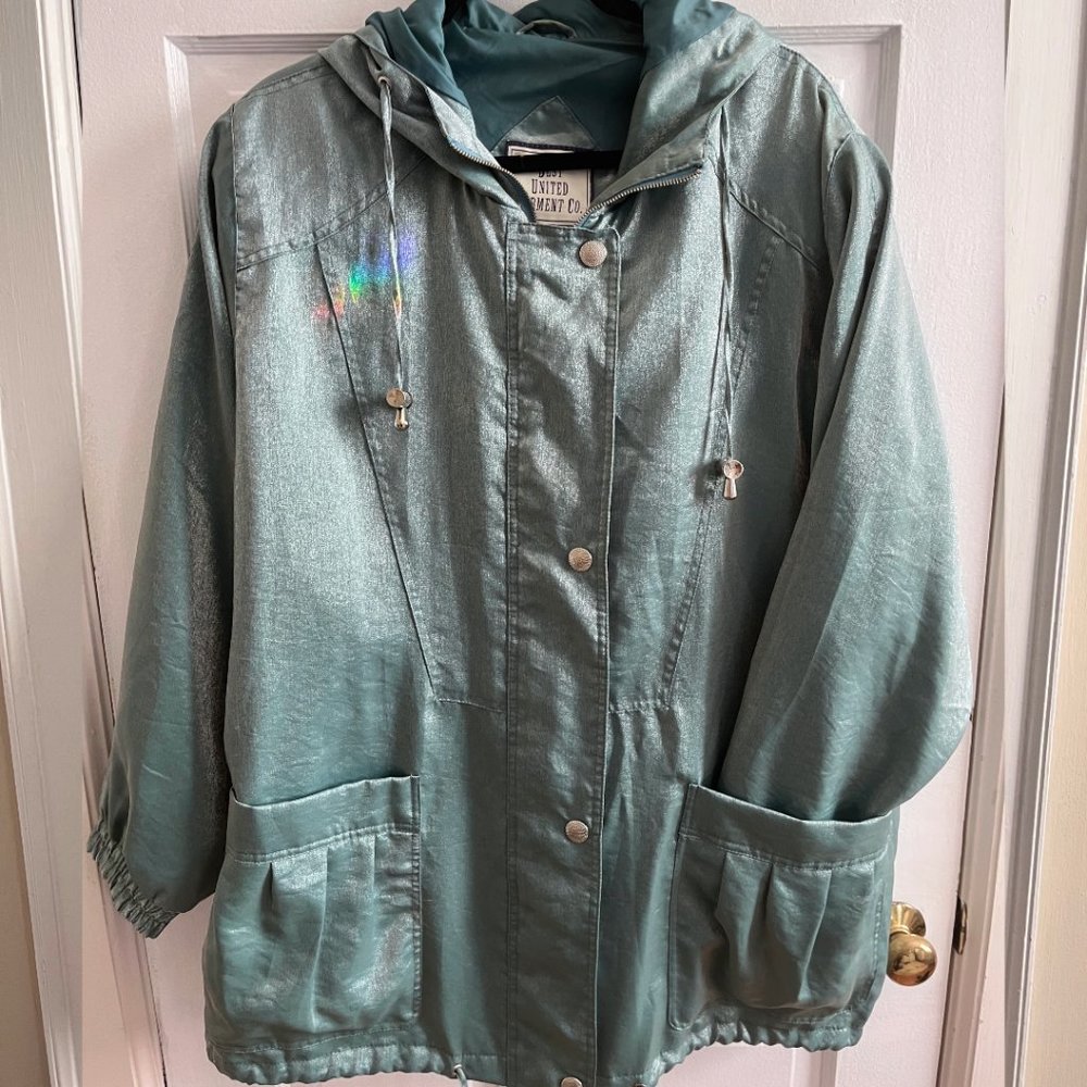 Best United Garment Co. Vintage Women's Metallic Teal Windbreaker Hooded Jacket